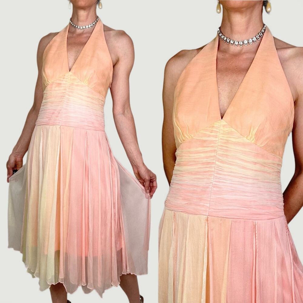 Laundry by Shelli Segal silk beaded halter dress prom cocktail pastel‎ peach 6